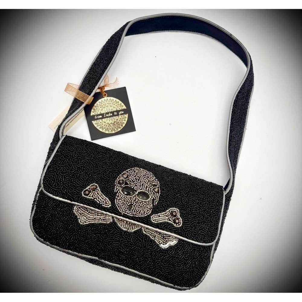 From India Black Beaded Skull Crossbones Shoulder Bag Hand Embellished Halloween